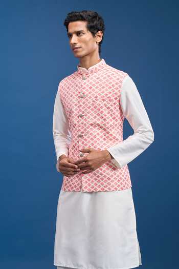 Arihant Rai Sinha Pink Cotton Embroidery Geometric Motif Bundi at Aza Fashions Arihant Rai Sinha_Pink Cotton Embroidery Geometric Motif Bundi _at_Aza_Fashions
