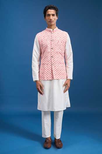 Shop Arihant Rai Sinha Pink Cotton Embroidery Geometric Motif Bundi Shop_Arihant Rai Sinha_Pink Cotton Embroidery Geometric Motif Bundi