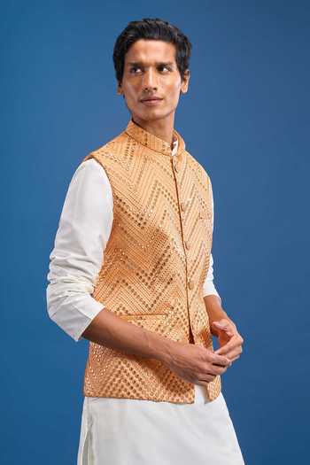Arihant Rai Sinha Orange Polyester Mirror Embroidered Nehru Jacket Online at Aza Fashions Arihant Rai Sinha_Orange Polyester Mirror Embroidered Nehru Jacket _Online_at_Aza_Fashions