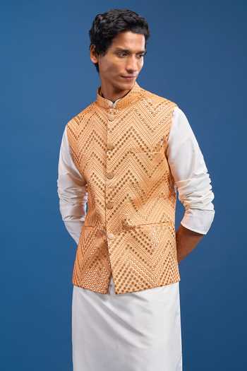 Shop Arihant Rai Sinha Orange Polyester Mirror Embroidered Nehru Jacket Online at Aza Fashions Shop_Arihant Rai Sinha_Orange Polyester Mirror Embroidered Nehru Jacket _Online_at_Aza_Fashions