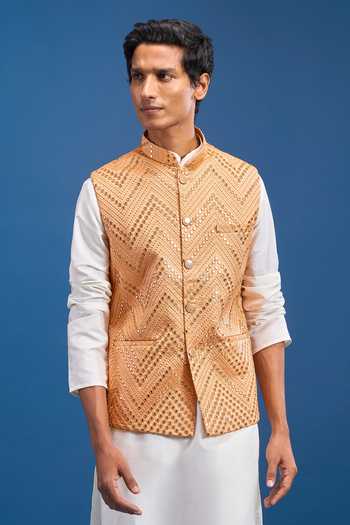 Arihant Rai Sinha Orange Polyester Mirror Embroidered Nehru Jacket at Aza Fashions Arihant Rai Sinha_Orange Polyester Mirror Embroidered Nehru Jacket _at_Aza_Fashions