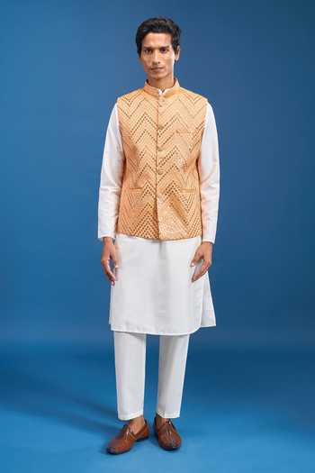 Shop Arihant Rai Sinha Orange Polyester Mirror Embroidered Nehru Jacket Shop_Arihant Rai Sinha_Orange Polyester Mirror Embroidered Nehru Jacket