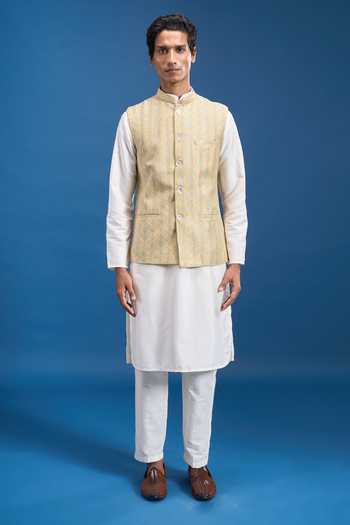 Arihant Rai Sinha Gold Polyester Sequins Geometric Print Nehru Jacket at Aza Fashions Arihant Rai Sinha_Gold Polyester Sequins Geometric Print Nehru Jacket _at_Aza_Fashions