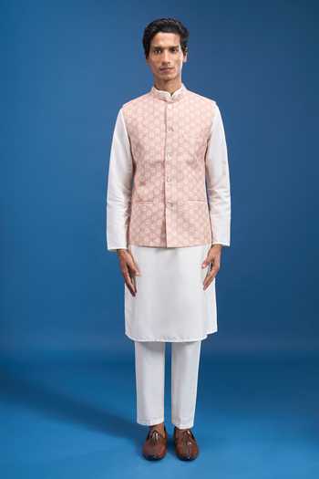 Shop Arihant Rai Sinha Peach Polyester Printed Nehru Jacket Online at Aza Fashions Shop_Arihant Rai Sinha_Peach Polyester Printed Nehru Jacket _Online_at_Aza_Fashions