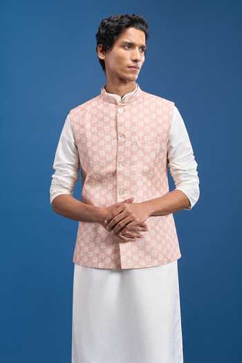 Arihant Rai Sinha Peach Polyester Printed Nehru Jacket at Aza Fashions Arihant Rai Sinha_Peach Polyester Printed Nehru Jacket _at_Aza_Fashions