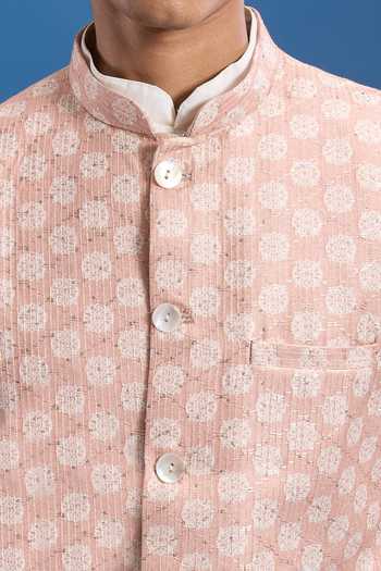 Shop Arihant Rai Sinha Peach Polyester Printed Nehru Jacket Shop_Arihant Rai Sinha_Peach Polyester Printed Nehru Jacket