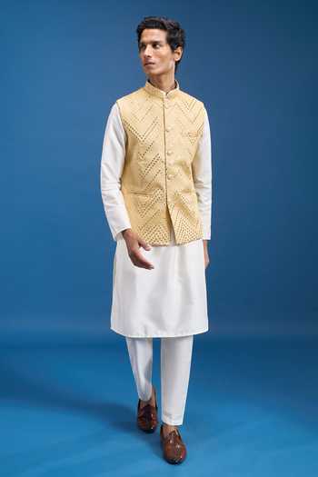 Buy Arihant Rai Sinha Gold Silk Mirrors Embroidered Bundi Online at Aza Fashions Buy_Arihant Rai Sinha_Gold Silk Mirrors Embroidered Bundi _Online_at_Aza_Fashions