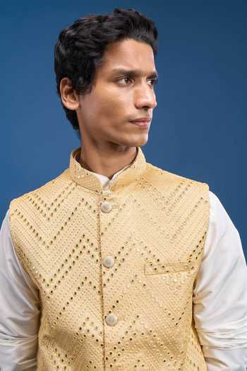 Shop Arihant Rai Sinha Gold Silk Mirrors Embroidered Bundi Online at Aza Fashions Shop_Arihant Rai Sinha_Gold Silk Mirrors Embroidered Bundi _Online_at_Aza_Fashions