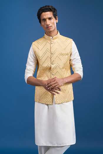 Arihant Rai Sinha Gold Silk Mirrors Embroidered Bundi at Aza Fashions Arihant Rai Sinha_Gold Silk Mirrors Embroidered Bundi _at_Aza_Fashions