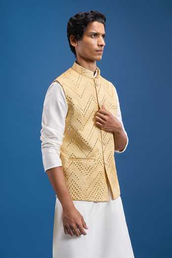 Buy Arihant Rai Sinha Gold Silk Mirrors Embroidered Bundi Buy_Arihant Rai Sinha_Gold Silk Mirrors Embroidered Bundi