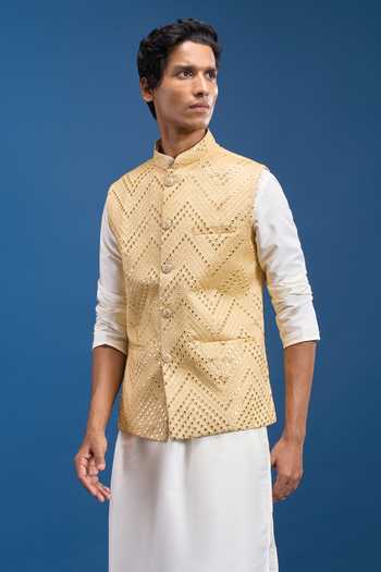 Shop Arihant Rai Sinha Gold Silk Mirrors Embroidered Bundi Shop_Arihant Rai Sinha_Gold Silk Mirrors Embroidered Bundi