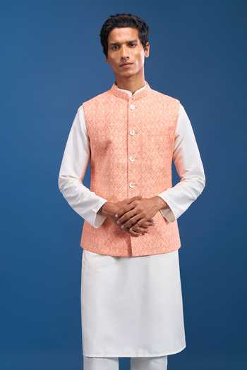 Shop Arihant Rai Sinha Orange Polyester Printed Bundi Online at Aza Fashions Shop_Arihant Rai Sinha_Orange Polyester Printed Bundi _Online_at_Aza_Fashions