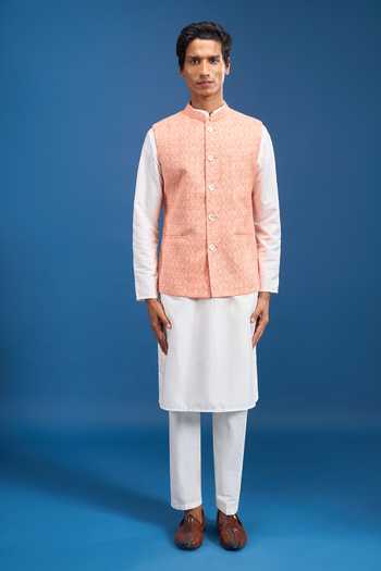 Shop Arihant Rai Sinha Orange Polyester Printed Bundi Shop_Arihant Rai Sinha_Orange Polyester Printed Bundi