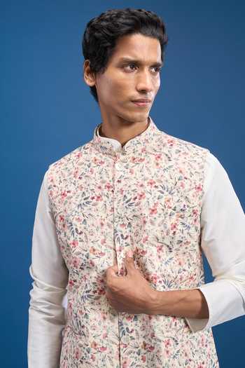 Shop Arihant Rai Sinha Cream Polyester Floral Print Bundi Online at Aza Fashions Shop_Arihant Rai Sinha_Cream Polyester Floral Print Bundi _Online_at_Aza_Fashions