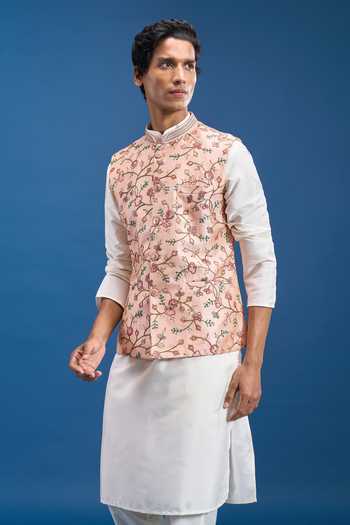 Arihant Rai Sinha Pink Silk Embroidery Floral Bundi at Aza Fashions Arihant Rai Sinha_Pink Silk Embroidery Floral Bundi _at_Aza_Fashions