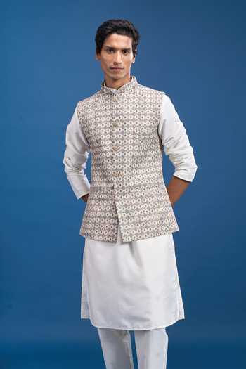 Shop Arihant Rai Sinha Grey Polyester, Viscose Printed Bundi Online at Aza Fashions Shop_Arihant Rai Sinha_Grey Polyester, Viscose Printed Bundi _Online_at_Aza_Fashions