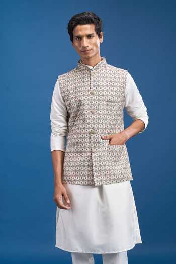 Arihant Rai Sinha Grey Polyester, Viscose Printed Bundi at Aza Fashions Arihant Rai Sinha_Grey Polyester, Viscose Printed Bundi _at_Aza_Fashions