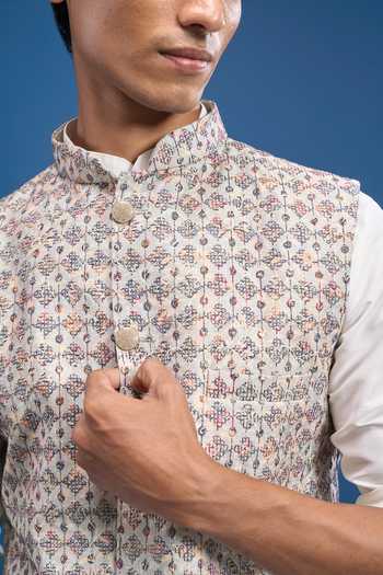 Buy Arihant Rai Sinha Grey Polyester, Viscose Printed Bundi Buy_Arihant Rai Sinha_Grey Polyester, Viscose Printed Bundi