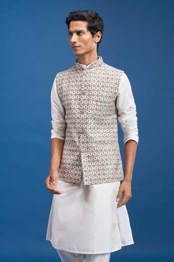 Shop Arihant Rai Sinha Grey Polyester, Viscose Printed Bundi Shop_Arihant Rai Sinha_Grey Polyester, Viscose Printed Bundi