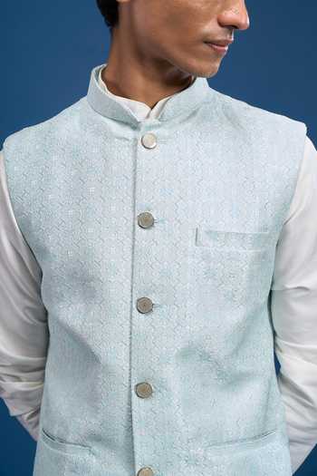 Arihant Rai Sinha Blue Jacquard, Polyester Woven Bundi Online at Aza Fashions Arihant Rai Sinha_Blue Jacquard, Polyester Woven Bundi _Online_at_Aza_Fashions
