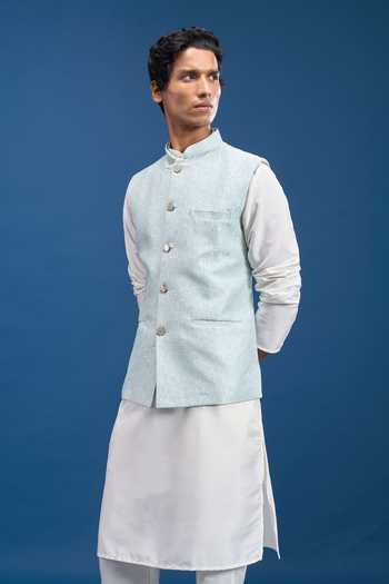 Buy Arihant Rai Sinha Blue Jacquard, Polyester Woven Bundi Online at Aza Fashions Buy_Arihant Rai Sinha_Blue Jacquard, Polyester Woven Bundi _Online_at_Aza_Fashions
