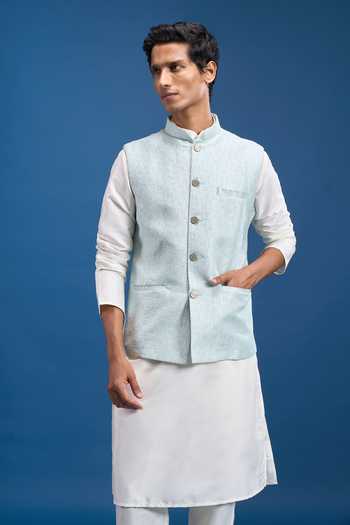 Shop Arihant Rai Sinha Blue Jacquard, Polyester Woven Bundi Online at Aza Fashions Shop_Arihant Rai Sinha_Blue Jacquard, Polyester Woven Bundi _Online_at_Aza_Fashions
