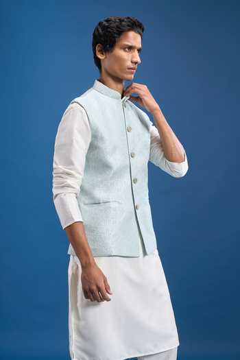 Arihant Rai Sinha Blue Jacquard, Polyester Woven Bundi at Aza Fashions Arihant Rai Sinha_Blue Jacquard, Polyester Woven Bundi _at_Aza_Fashions