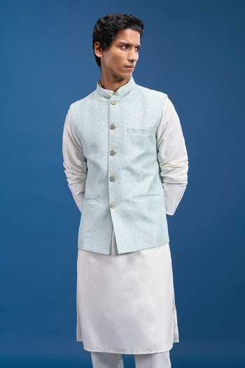 Buy Arihant Rai Sinha Blue Jacquard, Polyester Woven Bundi Buy_Arihant Rai Sinha_Blue Jacquard, Polyester Woven Bundi