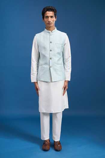Shop Arihant Rai Sinha Blue Jacquard, Polyester Woven Bundi Shop_Arihant Rai Sinha_Blue Jacquard, Polyester Woven Bundi