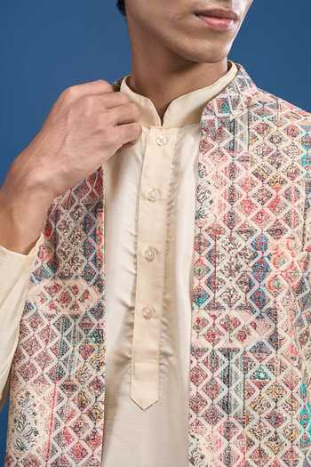 Shop Arihant Rai Sinha Multi Color Cotton, Polyester Embroidery Printed Kurta Set With Bundi Online at Aza Fashions Shop_Arihant Rai Sinha_Multi Color Cotton, Polyester Embroidery Printed Kurta Set With Bundi _Online_at_Aza_Fashions