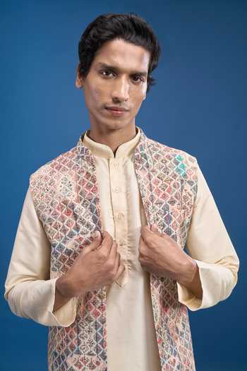 Shop Arihant Rai Sinha Multi Color Cotton, Polyester Embroidery Printed Kurta Set With Bundi Shop_Arihant Rai Sinha_Multi Color Cotton, Polyester Embroidery Printed Kurta Set With Bundi