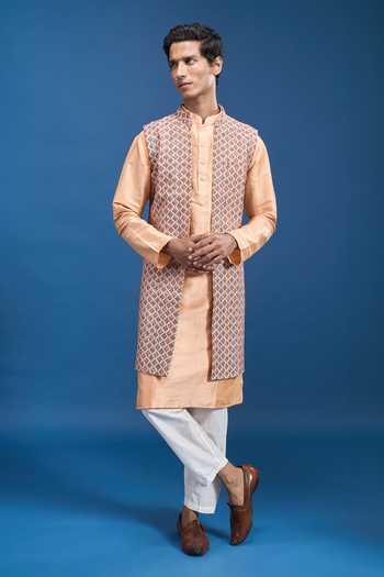 Buy Arihant Rai Sinha Red Cotton, Polyester Woven Bundi And Kurta Set Buy_Arihant Rai Sinha_Red Cotton, Polyester Woven Bundi And Kurta Set