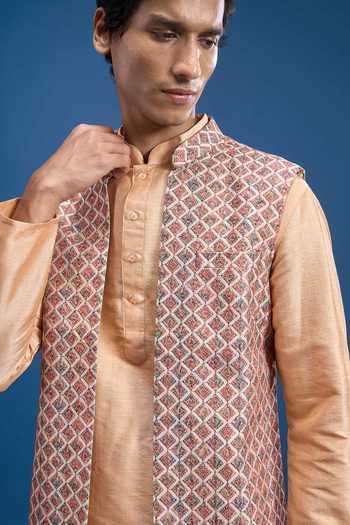Shop Arihant Rai Sinha Red Cotton, Polyester Woven Bundi And Kurta Set Shop_Arihant Rai Sinha_Red Cotton, Polyester Woven Bundi And Kurta Set
