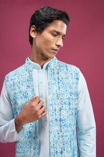 Buy Arihant Rai Sinha Blue Polyester, Cotton Printed Bundi And Kurta Set Online at Aza Fashions Buy_Arihant Rai Sinha_Blue Polyester, Cotton Printed Bundi And Kurta Set _Online_at_Aza_Fashions