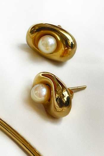 Shop_KEFI-CO_Gold Plated Cosmos Pearl Stud Earrings _Online_at_Aza_Fashions