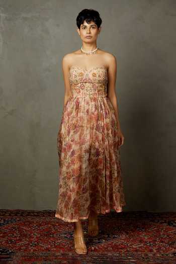 RI.Ritu Kumar Magnolia Flared Embroidered Bandeau Dress 