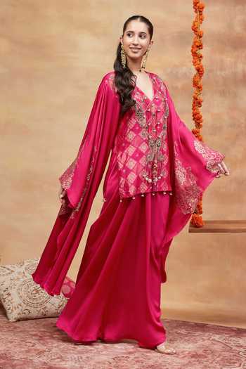 Shop Dareiss Pink Silk V-neck, Yes Kashi Dabka Embroidered Kurta And Skirt Set Online at Aza Fashions Shop_Dareiss_Pink Silk V-neck, Yes Kashi Dabka Embroidered Kurta And Skirt Set _Online_at_Aza_Fashions