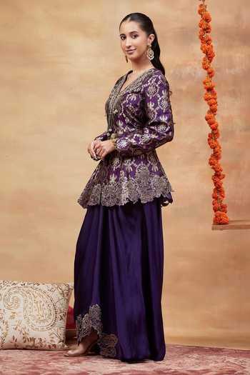 Buy DAREISS Purple Silk V-neck Assi Floral Woven Kurta And Skirt Set Online at Aza Fashions Buy_DAREISS_Purple Silk V-neck Assi Floral Woven Kurta And Skirt Set _Online_at_Aza_Fashions