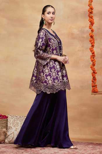 DAREISS_Purple Silk Split V-neck, Yes Janaki Paisley Pattern Kurta And Sharara Set _Online_at_Aza_Fashions