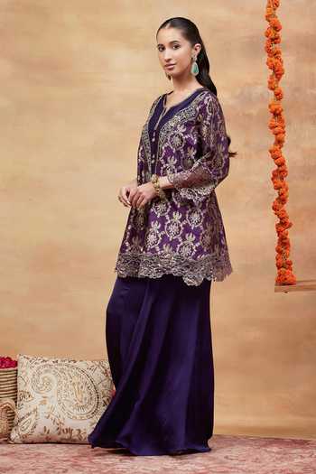 Buy_DAREISS_Purple Silk Split V-neck, Yes Janaki Paisley Pattern Kurta And Sharara Set _Online_at_Aza_Fashions