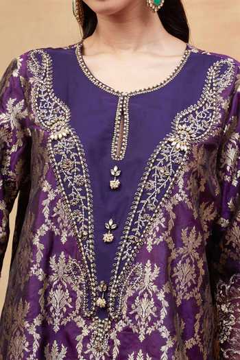 DAREISS_Purple Silk Split V-neck, Yes Janaki Paisley Pattern Kurta And Sharara Set _at_Aza_Fashions