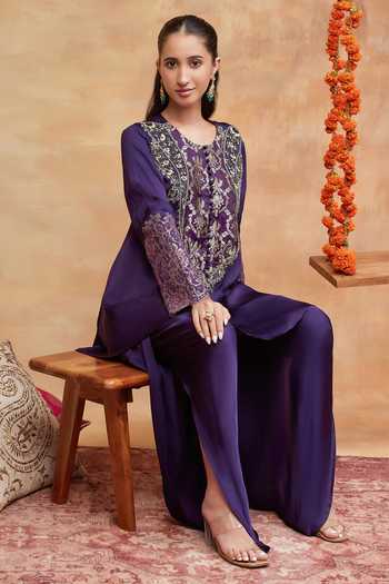 Buy DAREISS Purple Silk, Chanderi Round Neck Rewa Handwoven Kurta And Dhoti Pant Set Online at Aza Fashions Buy_DAREISS_Purple Silk, Chanderi Round Neck Rewa Handwoven Kurta And Dhoti Pant Set _Online_at_Aza_Fashions