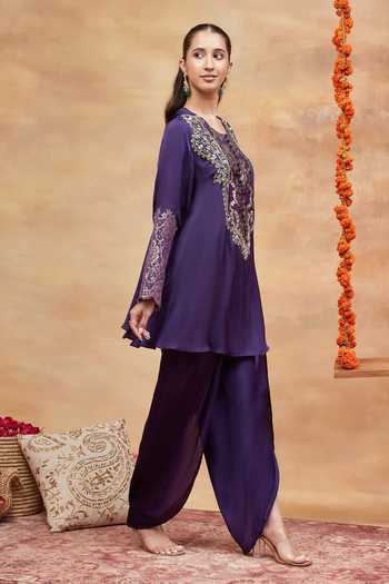 Shop DAREISS Purple Silk, Chanderi Round Neck Rewa Handwoven Kurta And Dhoti Pant Set Online at Aza Fashions Shop_DAREISS_Purple Silk, Chanderi Round Neck Rewa Handwoven Kurta And Dhoti Pant Set _Online_at_Aza_Fashions