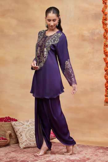 DAREISS Purple Silk, Chanderi Round Neck Rewa Handwoven Kurta And Dhoti Pant Set at Aza Fashions DAREISS_Purple Silk, Chanderi Round Neck Rewa Handwoven Kurta And Dhoti Pant Set _at_Aza_Fashions