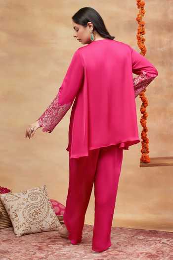 Shop Dareiss Fuchsia Silk Round Neck Rewa Neckline Embroidered Kurta And Dhoti Pant Set at Aza Fashions Shop_Dareiss_Fuchsia Silk Round Neck Rewa Neckline Embroidered Kurta And Dhoti Pant Set _at_Aza_Fashions