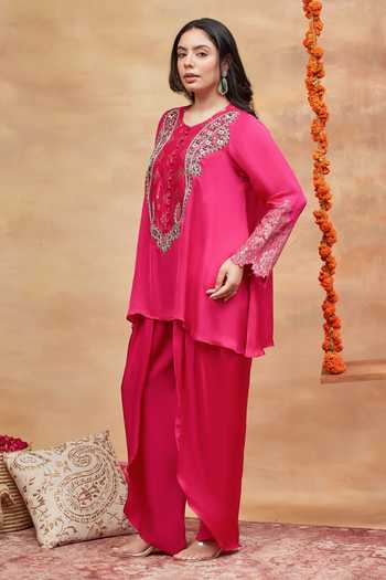 Dareiss Fuchsia Silk Round Neck Rewa Neckline Embroidered Kurta And Dhoti Pant Set Online at Aza Fashions Dareiss_Fuchsia Silk Round Neck Rewa Neckline Embroidered Kurta And Dhoti Pant Set _Online_at_Aza_Fashions