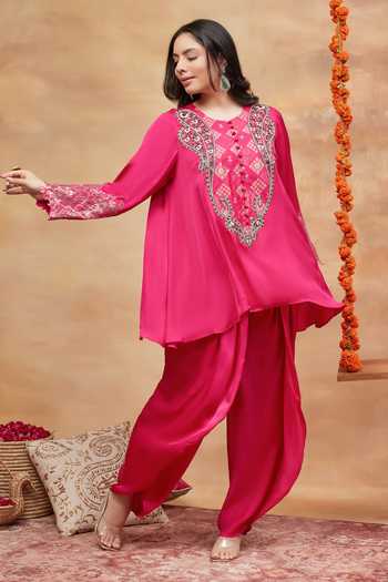 Buy Dareiss Fuchsia Silk Round Neck Rewa Neckline Embroidered Kurta And Dhoti Pant Set Online at Aza Fashions Buy_Dareiss_Fuchsia Silk Round Neck Rewa Neckline Embroidered Kurta And Dhoti Pant Set _Online_at_Aza_Fashions