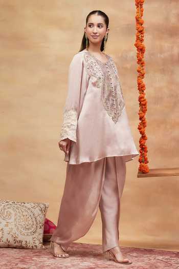 DAREISS Beige Silk, Chiffon Round Neck, Yes Rewa Embroidered Kurta And Dhoti Pant Set Online at Aza Fashions DAREISS_Beige Silk, Chiffon Round Neck, Yes Rewa Embroidered Kurta And Dhoti Pant Set _Online_at_Aza_Fashions