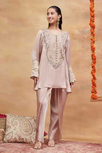 Buy DAREISS Beige Silk, Chiffon Round Neck, Yes Rewa Embroidered Kurta And Dhoti Pant Set Online at Aza Fashions Buy_DAREISS_Beige Silk, Chiffon Round Neck, Yes Rewa Embroidered Kurta And Dhoti Pant Set _Online_at_Aza_Fashions