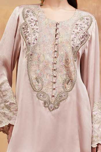 Shop DAREISS Beige Silk, Chiffon Round Neck, Yes Rewa Embroidered Kurta And Dhoti Pant Set Online at Aza Fashions Shop_DAREISS_Beige Silk, Chiffon Round Neck, Yes Rewa Embroidered Kurta And Dhoti Pant Set _Online_at_Aza_Fashions